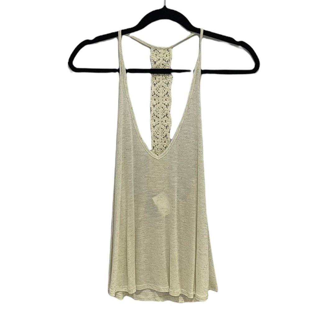 Blue Life V Neck T Back Slub Knit Tank Top With Lace Trim Extra Small Beige NWT